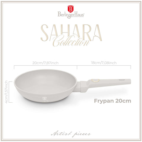 Product image of Frypan 20cm. Part of the Sahara Collection . Features: • Material: forged aluminum with non-stick titanPro coating • Frypan Ø20*4,5 cm 1,0L • Color: matt cream REGISTERED DESIGN BY BERLINGER HAUS!. (Conceptual view). Official Berlinger Haus product, boosted by Promintra sl.