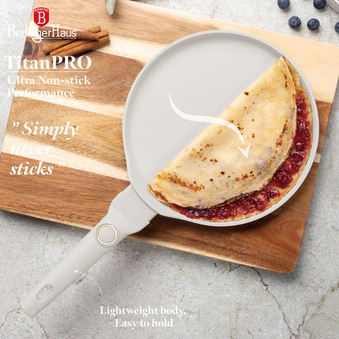 Product image of Pancake pan 25cm. Part of the Sahara Collection . Features: • Material: forged aluminum with non-stick titanPro coating • Pancake pan Ø25*1,5 cm • Color: matt cream REGISTERED DESIGN BY BERLINGER HAUS!. (Studio view). Official Berlinger Haus product, boosted by Promintra sl.