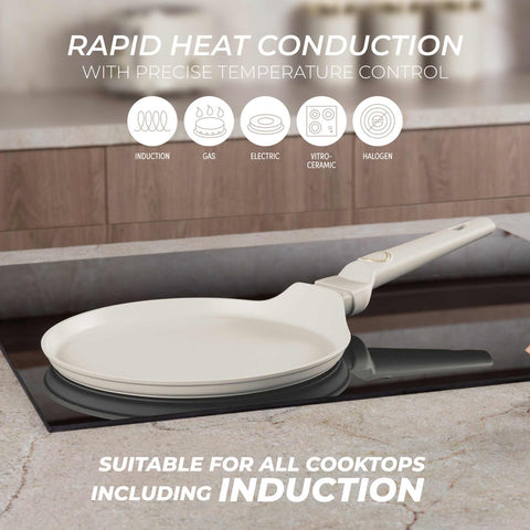 Product image of Pancake pan 25cm. Part of the Sahara Collection . Features: • Material: forged aluminum with non-stick titanPro coating • Pancake pan Ø25*1,5 cm • Color: matt cream REGISTERED DESIGN BY BERLINGER HAUS!. (Studio view). Official Berlinger Haus product, boosted by Promintra sl.