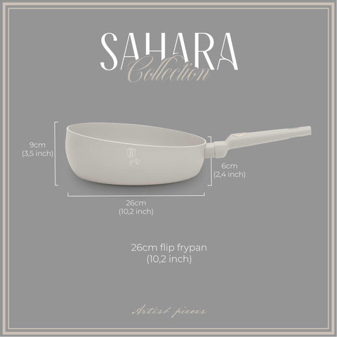 Product image of Flip frypan 26cm. Part of the Sahara Collection . Features: • Material: stamp aluminum with non-stick titanPro coating • Flip frypan Ø26 cm 2,8L • Color: matt cream REGISTERED DESIGN BY BERLINGER HAUS!. (Studio view). Official Berlinger Haus product, boosted by Promintra sl.