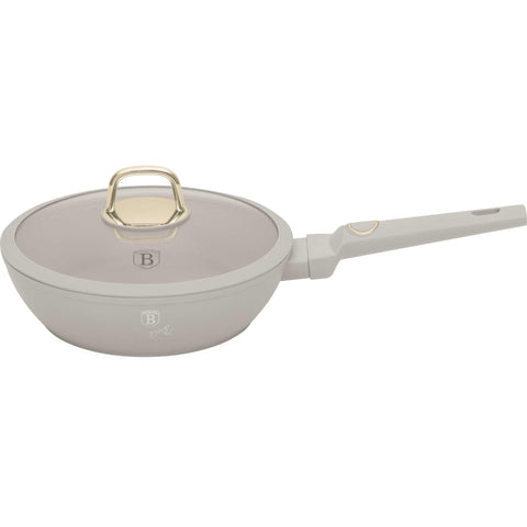 Product image of Deep frypan with lid 24cm. Part of the Sahara Collection . Features: • Material: forged aluminum with non-stick titanPro coating • Deep frypan with lid Ø24*6,5 cm 2,3L • Color: matt cream REGISTERED DESIGN BY BERLING.... (Studio view). Official Berlinger Haus product, boosted by Promintra sl.