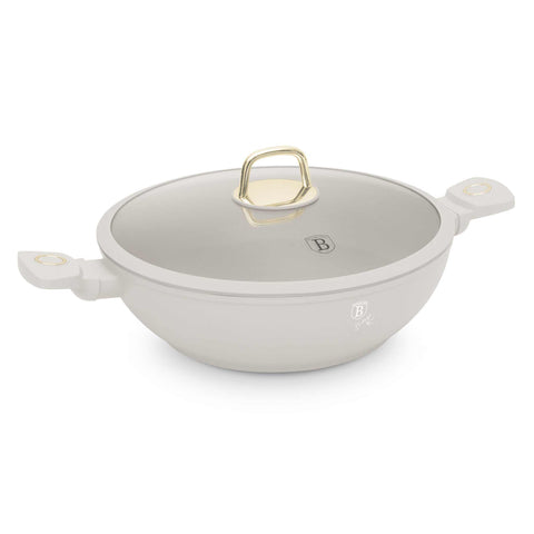 Product image of Wok with lid 30cm. Part of the Sahara Collection . Features: • Material: forged aluminum with non-stick titanPro coating • Wok with lid Ø30 cm • Color: matt cream REGISTERED DESIGN BY BERLINGER HAUS!. (Studio view). Official Berlinger Haus product, boosted by Promintra sl.