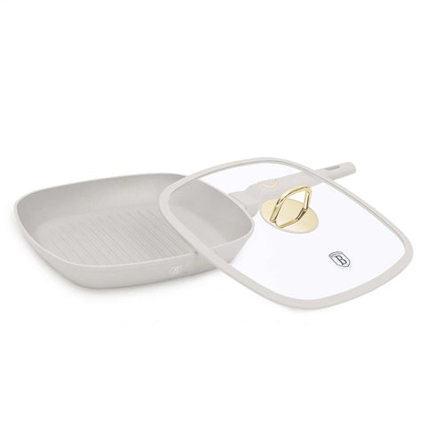 Product image of Grill pan with lid 28cm. Part of the Sahara Collection . Features: • Material: forged aluminum with non-stick titanPro coating • Grill pan with lid Ø28*4,1 cm 2,1L • Color: matt cream REGISTERED DESIGN BY BERLINGER.... (Studio view). Official Berlinger Haus product, boosted by Promintra sl.