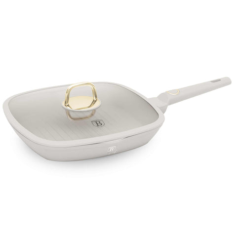 Product image of Grill pan with lid 28cm. Part of the Sahara Collection . Features: • Material: forged aluminum with non-stick titanPro coating • Grill pan with lid Ø28*4,1 cm 2,1L • Color: matt cream REGISTERED DESIGN BY BERLINGER.... (Studio view). Official Berlinger Haus product, boosted by Promintra sl.