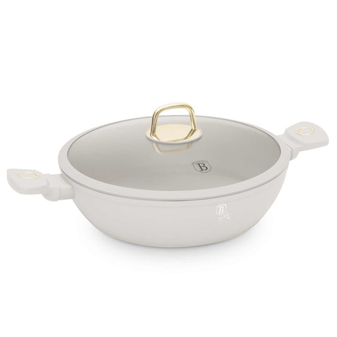 Product image of Shallow pot with lid 30cm. Part of the Sahara Collection . Features: • Material: forged aluminum with non-stick titanPro coating • Shallow pot with lid Ø30*8 cm 4,5L • Color: matt cream REGISTERED DESIGN BY BERLINGER.... (Studio view). Official Berlinger Haus product, boosted by Promintra sl.