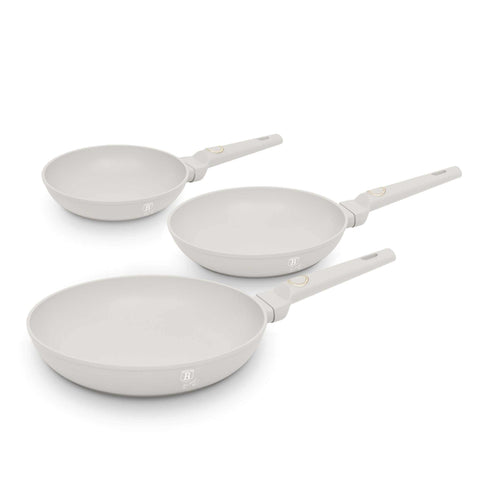 Product image of 3pcs frypan set. Part of the Sahara Collection . Features: • Material: forged aluminum with non-stick titanPro coating • Include: • Frypan Ø20*4,5 cm 1,0L • Frypan Ø24*4,8 cm 1,7L • Frypan Ø28*5,2 cm 2,4L •.... (Studio view). Official Berlinger Haus product, boosted by Promintra sl.