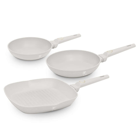 Product image of 3pcs frypan set. Part of the Sahara Collection . Features: • Material: forged aluminum with non-stick titanPro coating • Include: • Frypan Ø20*4,5 cm 1,0L • Frypan Ø24*4,8 cm 1,7L • Grill pan Ø28*4,1 cm 2,1.... (Studio view). Official Berlinger Haus product, boosted by Promintra sl.
