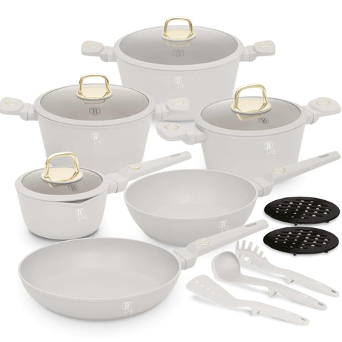 Product image of 15pcs cookware set. Part of the Sahara Collection . Features: • Material: forged aluminum with non-stick titanPro coating • Include: • Deep frypan Ø24*6,5 cm 2,3L • Frypan Ø28*5,2cm 2,4L • Casserole with (stra.... (Studio view). Official Berlinger Haus product, boosted by Promintra sl.