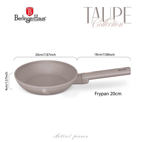 Imatge del producte de la paella de 20 cm. Part de la col·lecció Taupe. Característiques: • Material: alumini forjat amb recobriment antiadherent TitanPro • Paella de Ø20*4,5 cm 1,0 L • Color: taupe mat DISSENY REGISTRAT DE BERLINGER HAUS!. (Vista conceptual). Producte oficial de Berlinger, impulsat per Promintra sl.