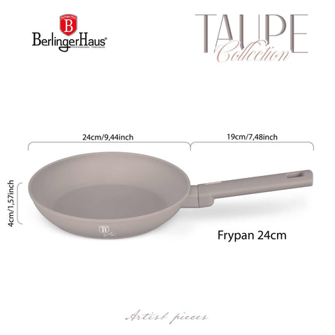 Product image of Frypan 24cm. Part of the Taupe Collection . Features: • Material: forged aluminum with non-stick titanPro coating • Frypan Ø24*4,8 cm 1,7L • Color: matt taupe REGISTERED DESIGN BY BERLINGER HAUS!. (Studio view). Official Berlinger Haus product, boosted by Promintra sl.