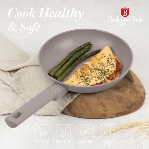 Product image of Frypan 24cm. Part of the Taupe Collection . Features: • Material: forged aluminum with non-stick titanPro coating • Frypan Ø24*4,8 cm 1,7L • Color: matt taupe REGISTERED DESIGN BY BERLINGER HAUS!. (Studio view). Official Berlinger Haus product, boosted by Promintra sl.