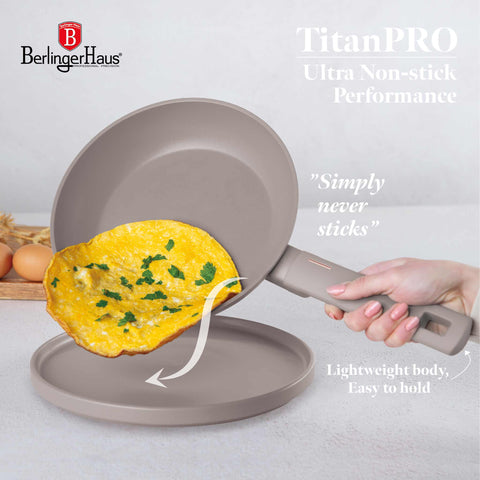 Product image of Frypan 24cm. Part of the Taupe Collection . Features: • Material: forged aluminum with non-stick titanPro coating • Frypan Ø24*4,8 cm 1,7L • Color: matt taupe REGISTERED DESIGN BY BERLINGER HAUS!. (Studio view). Official Berlinger Haus product, boosted by Promintra sl.