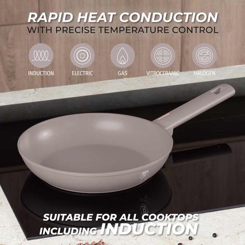 Product image of Frypan 24cm. Part of the Taupe Collection . Features: • Material: forged aluminum with non-stick titanPro coating • Frypan Ø24*4,8 cm 1,7L • Color: matt taupe REGISTERED DESIGN BY BERLINGER HAUS!. (Studio view). Official Berlinger Haus product, boosted by Promintra sl.