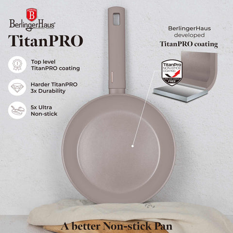 Product image of Frypan 24cm. Part of the Taupe Collection . Features: • Material: forged aluminum with non-stick titanPro coating • Frypan Ø24*4,8 cm 1,7L • Color: matt taupe REGISTERED DESIGN BY BERLINGER HAUS!. (Studio view). Official Berlinger Haus product, boosted by Promintra sl.
