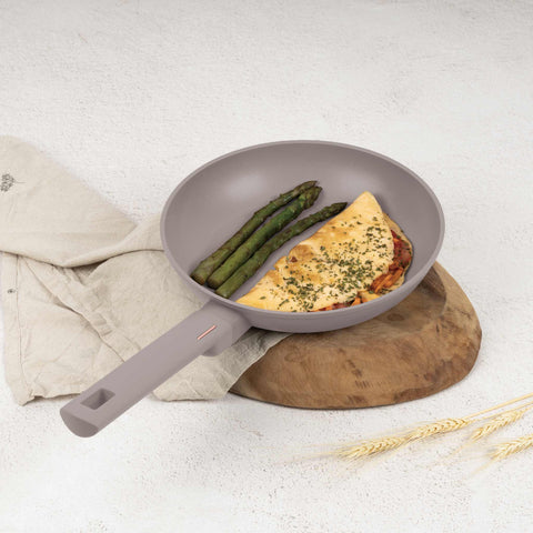 Product image of Frypan 24cm. Part of the Taupe Collection . Features: • Material: forged aluminum with non-stick titanPro coating • Frypan Ø24*4,8 cm 1,7L • Color: matt taupe REGISTERED DESIGN BY BERLINGER HAUS!. (Studio view). Official Berlinger Haus product, boosted by Promintra sl.
