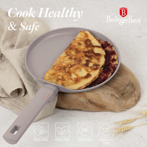 Product image of Pancake pan 25cm. Part of the Taupe Collection . Features: • Material: forged aluminum with non-stick titanPro coating • Pancake pan Ø25*1,5 cm • Color: matt taupe REGISTERED DESIGN BY BERLINGER HAUS!. (Studio view). Official Berlinger Haus product, boosted by Promintra sl.