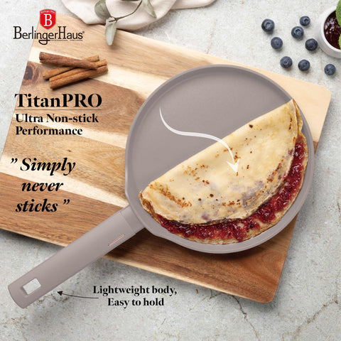 Product image of Pancake pan 25cm. Part of the Taupe Collection . Features: • Material: forged aluminum with non-stick titanPro coating • Pancake pan Ø25*1,5 cm • Color: matt taupe REGISTERED DESIGN BY BERLINGER HAUS!. (Studio view). Official Berlinger Haus product, boosted by Promintra sl.