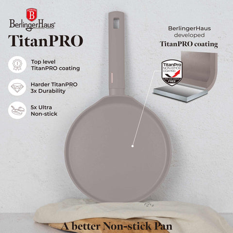 Product image of Pancake pan 25cm. Part of the Taupe Collection . Features: • Material: forged aluminum with non-stick titanPro coating • Pancake pan Ø25*1,5 cm • Color: matt taupe REGISTERED DESIGN BY BERLINGER HAUS!. (Studio view). Official Berlinger Haus product, boosted by Promintra sl.