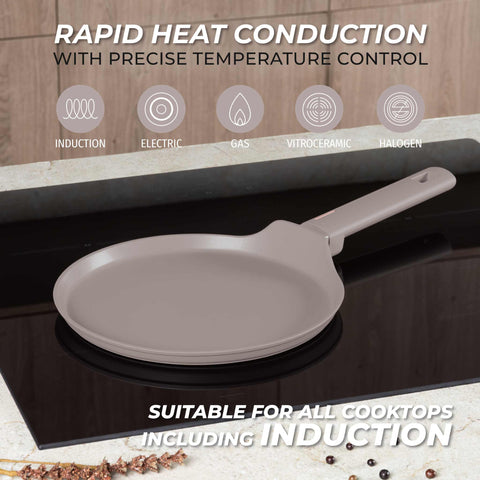 Product image of Pancake pan 25cm. Part of the Taupe Collection . Features: • Material: forged aluminum with non-stick titanPro coating • Pancake pan Ø25*1,5 cm • Color: matt taupe REGISTERED DESIGN BY BERLINGER HAUS!. (Studio view). Official Berlinger Haus product, boosted by Promintra sl.