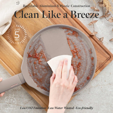 Product image of Pancake pan 25cm. Part of the Taupe Collection . Features: • Material: forged aluminum with non-stick titanPro coating • Pancake pan Ø25*1,5 cm • Color: matt taupe REGISTERED DESIGN BY BERLINGER HAUS!. (Studio view). Official Berlinger Haus product, boosted by Promintra sl.