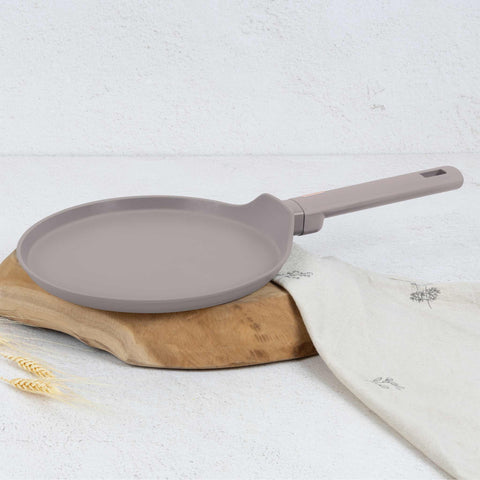 Product image of Pancake pan 25cm. Part of the Taupe Collection . Features: • Material: forged aluminum with non-stick titanPro coating • Pancake pan Ø25*1,5 cm • Color: matt taupe REGISTERED DESIGN BY BERLINGER HAUS!. (Studio view). Official Berlinger Haus product, boosted by Promintra sl.