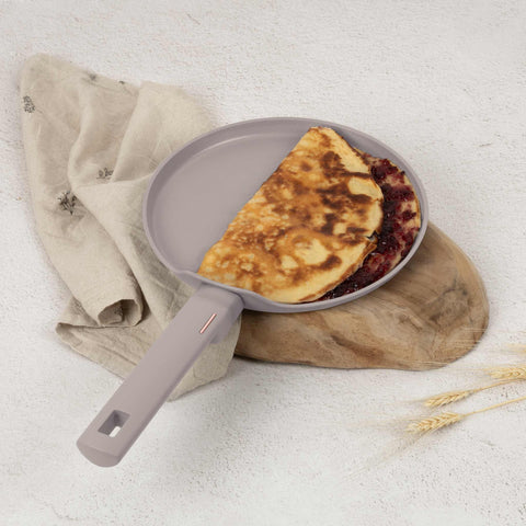Product image of Pancake pan 25cm. Part of the Taupe Collection . Features: • Material: forged aluminum with non-stick titanPro coating • Pancake pan Ø25*1,5 cm • Color: matt taupe REGISTERED DESIGN BY BERLINGER HAUS!. (Studio view). Official Berlinger Haus product, boosted by Promintra sl.