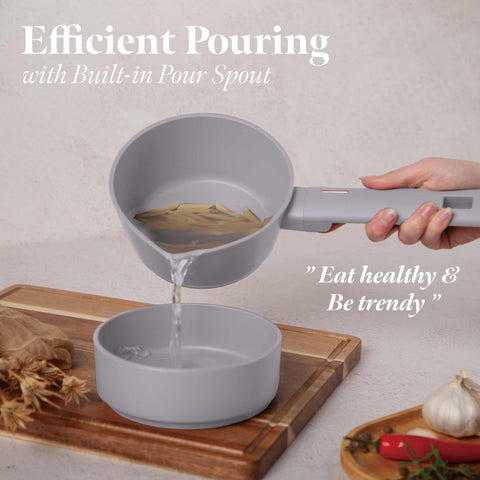 Product image of Sauce pan 16cm. Part of the Taupe Collection . Features: • Material: forged aluminum with non-stick titanPro coating • Sauce pan Ø16*7 cm 1,2L • Color: matt taupe REGISTERED DESIGN BY BERLINGER HAUS!. (Studio view). Official Berlinger Haus product, boosted by Promintra sl.