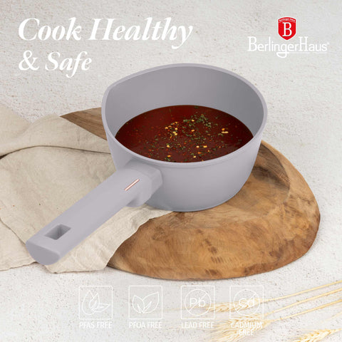 Product image of Sauce pan 16cm. Part of the Taupe Collection . Features: • Material: forged aluminum with non-stick titanPro coating • Sauce pan Ø16*7 cm 1,2L • Color: matt taupe REGISTERED DESIGN BY BERLINGER HAUS!. (Studio view). Official Berlinger Haus product, boosted by Promintra sl.