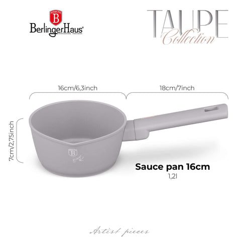 Product image of Sauce pan 16cm. Part of the Taupe Collection . Features: • Material: forged aluminum with non-stick titanPro coating • Sauce pan Ø16*7 cm 1,2L • Color: matt taupe REGISTERED DESIGN BY BERLINGER HAUS!. (Studio view). Official Berlinger Haus product, boosted by Promintra sl.