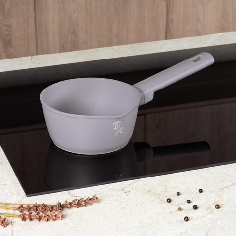 Product image of Sauce pan 16cm. Part of the Taupe Collection . Features: • Material: forged aluminum with non-stick titanPro coating • Sauce pan Ø16*7 cm 1,2L • Color: matt taupe REGISTERED DESIGN BY BERLINGER HAUS!. (Studio view). Official Berlinger Haus product, boosted by Promintra sl.