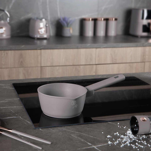 Product image of Sauce pan 16cm. Part of the Taupe Collection . Features: • Material: forged aluminum with non-stick titanPro coating • Sauce pan Ø16*7 cm 1,2L • Color: matt taupe REGISTERED DESIGN BY BERLINGER HAUS!. (Studio view). Official Berlinger Haus product, boosted by Promintra sl.