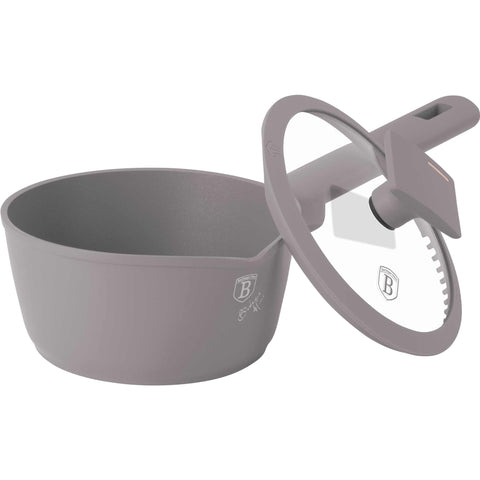 Product image of Sauce pan with lid 16cm. Part of the Taupe Collection . Features: • Material: forged aluminum with non-stick titanPro coating • Sauce pan Ø16*7 cm 1,2L • Color: matt taupe REGISTERED DESIGN BY BERLINGER HAUS!. (Studio view). Official Berlinger Haus product, boosted by Promintra sl.
