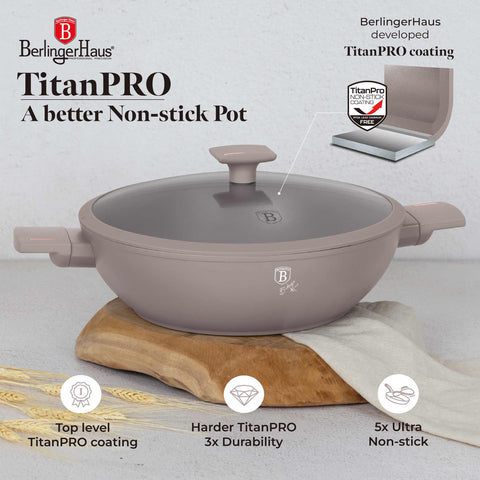 BH/8095, Wok con tapa 30cm, Taupe mate, Wok 30 cm con tapa, Wok, Wok con tapa, Batería de cocina, Cocinar, Sartenes