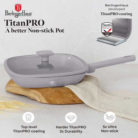 Imatge del producte de la paella a la planxa amb tapa de 28 cm. Part de la col·lecció Taupe. Característiques: • Material: alumini forjat amb recobriment antiadherent TitanPro • Paella a la planxa amb tapa Ø28*4,1 cm 2,1L • Color: taupe mat DISSENY REGISTRAT DE BERLINGER.... (Vista de l'estudi). Producte oficial de Berlinger, impulsat per Promintra sl.