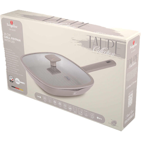 Imatge del producte de la paella a la planxa amb tapa de 28 cm. Part de la col·lecció Taupe. Característiques: • Material: alumini forjat amb recobriment antiadherent TitanPro • Paella a la planxa amb tapa Ø28*4,1 cm 2,1L • Color: taupe mat DISSENY REGISTRAT DE BERLINGER.... (Vista de l'estudi). Producte oficial de Berlinger, impulsat per Promintra sl.