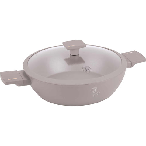 Product image of Shallow pot with lid 28cm. Part of the Taupe Collection . Features: • Material: forged aluminum with non-stick titanPro coating • Shallow pot with lid Ø28*7,5 cm 3,8L • Color: matt taupe REGISTERED DESIGN BY BERLING.... (Studio view). Official Berlinger Haus product, boosted by Promintra sl.