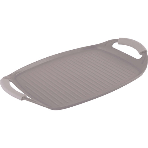 Product image of Grill plate 47cm. Part of the Taupe Collection . Features: • Material: forged aluminum with non-stick titanPro coating • Size: 47*29 cm • Color: matt taupe • FREE 2 PCS HEAT RESISTANT SILICONE HANDLE. (Studio view). Official Berlinger Haus product, boosted by Promintra sl.