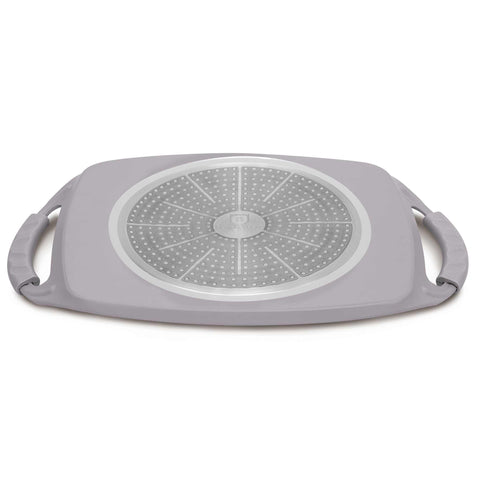 Product image of Grill plate 47cm. Part of the Taupe Collection . Features: • Material: forged aluminum with non-stick titanPro coating • Size: 47*29 cm • Color: matt taupe • FREE 2 PCS HEAT RESISTANT SILICONE HANDLE. (Studio view). Official Berlinger Haus product, boosted by Promintra sl.
