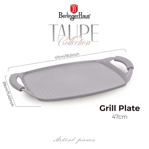 Product image of Grill plate 47cm. Part of the Taupe Collection . Features: • Material: forged aluminum with non-stick titanPro coating • Size: 47*29 cm • Color: matt taupe • FREE 2 PCS HEAT RESISTANT SILICONE HANDLE. (Studio view). Official Berlinger Haus product, boosted by Promintra sl.