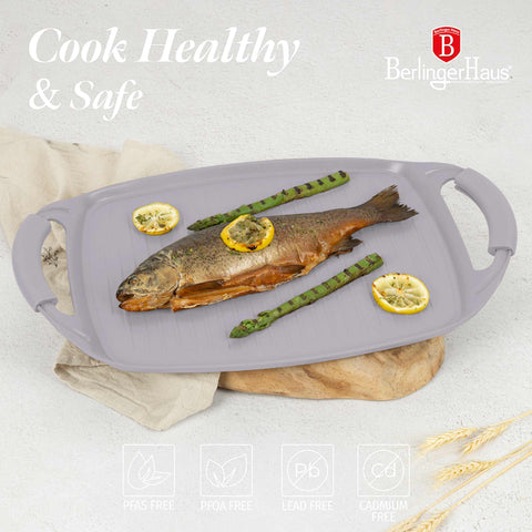 Product image of Grill plate 47cm. Part of the Taupe Collection . Features: • Material: forged aluminum with non-stick titanPro coating • Size: 47*29 cm • Color: matt taupe • FREE 2 PCS HEAT RESISTANT SILICONE HANDLE. (Studio view). Official Berlinger Haus product, boosted by Promintra sl.