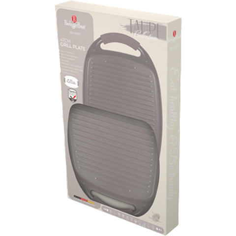 Product image of Grill plate 47cm. Part of the Taupe Collection . Features: • Material: forged aluminum with non-stick titanPro coating • Size: 47*29 cm • Color: matt taupe • FREE 2 PCS HEAT RESISTANT SILICONE HANDLE. (Studio view). Official Berlinger Haus product, boosted by Promintra sl.