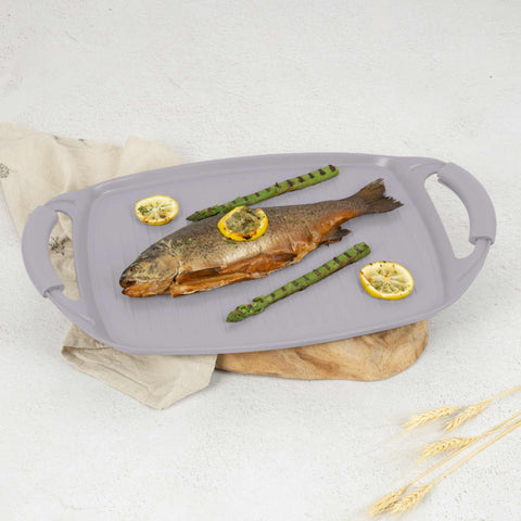 Product image of Grill plate 47cm. Part of the Taupe Collection . Features: • Material: forged aluminum with non-stick titanPro coating • Size: 47*29 cm • Color: matt taupe • FREE 2 PCS HEAT RESISTANT SILICONE HANDLE. (Studio view). Official Berlinger Haus product, boosted by Promintra sl.