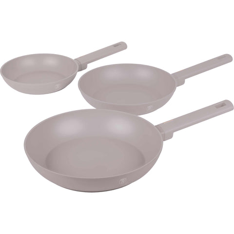 Product image of 3pcs frypan set. Part of the Taupe Collection . Features: • Material: forged aluminum with non-stick titanPro coating • Include: • Frypan Ø20*4,5 cm 1,0L • Frypan Ø24*4,8 cm 1,7L • Frypan Ø28*5,2 cm 2,4L •.... (Studio view). Official Berlinger Haus product, boosted by Promintra sl.