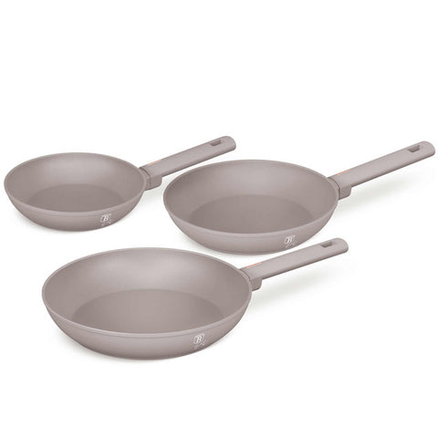 Product image of 3pcs frypan set. Part of the Taupe Collection . Features: • Material: forged aluminum with non-stick titanPro coating • Include: • Frypan Ø20*4,5 cm 1,0L • Frypan Ø24*4,8 cm 1,7L • Frypan Ø28*5,2 cm 2,4L •.... (Studio view). Official Berlinger Haus product, boosted by Promintra sl.