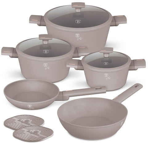Product image of 10pcs cookware set. Part of the Taupe Collection . Features: • Material: forged aluminum with non-stick titanPro coating • Include: • Frypan Ø20*4,5 cm 1,0L • Deep frypan Ø24*6,5 cm 2,3L • Casserole with (str.... (Studio view). Official Berlinger Haus product, boosted by Promintra sl.
