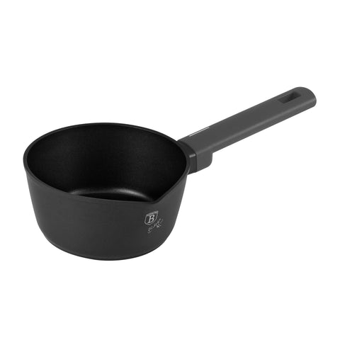 Product image of Sauce pan 16cm. Part of the Anthracite Collection . Features: • Material: forged aluminum with non-stick titanPro coating • Sauce pan Ø16*7 cm 1,2L • Color: matt anthracite REGISTERED DESIGN BY BERLINGER HAUS!. (Studio view). Official Berlinger Haus product, boosted by Promintra sl.