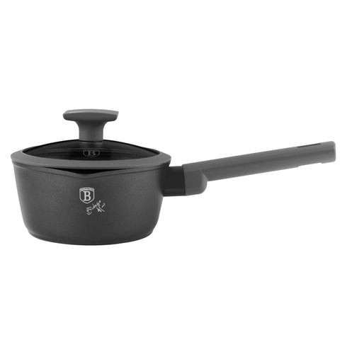 Product image of Sauce pan with lid 16cm. Part of the Anthracite Collection . Features: • Material: forged aluminum with non-stick titanPro coating • Sauce pan Ø16*7 cm 1,2L • Color: matt anthracite REGISTERED DESIGN BY BERLINGER HAUS!. (Studio view). Official Berlinger Haus product, boosted by Promintra sl.