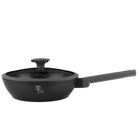 Product image of Deep frypan with lid 24cm. Part of the Anthracite Collection . Features: • Material: forged aluminum with non-stick titanPro coating • Deep frypan with lid Ø24*6,5 cm 2,3L • Color: matt anthracite REGISTERED DESIGN BY BE.... (Studio view). Official Berlinger Haus product, boosted by Promintra sl.