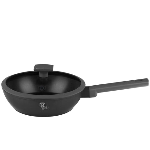 Product image of Deep frypan with lid 24cm. Part of the Anthracite Collection . Features: • Material: forged aluminum with non-stick titanPro coating • Deep frypan with lid Ø24*6,5 cm 2,3L • Color: matt anthracite REGISTERED DESIGN BY BE.... (Studio view). Official Berlinger Haus product, boosted by Promintra sl.