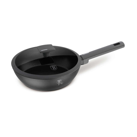 Product image of Deep frypan with lid 24cm. Part of the Anthracite Collection . Features: • Material: forged aluminum with non-stick titanPro coating • Deep frypan with lid Ø24*6,5 cm 2,3L • Color: matt anthracite REGISTERED DESIGN BY BE.... (Studio view). Official Berlinger Haus product, boosted by Promintra sl.